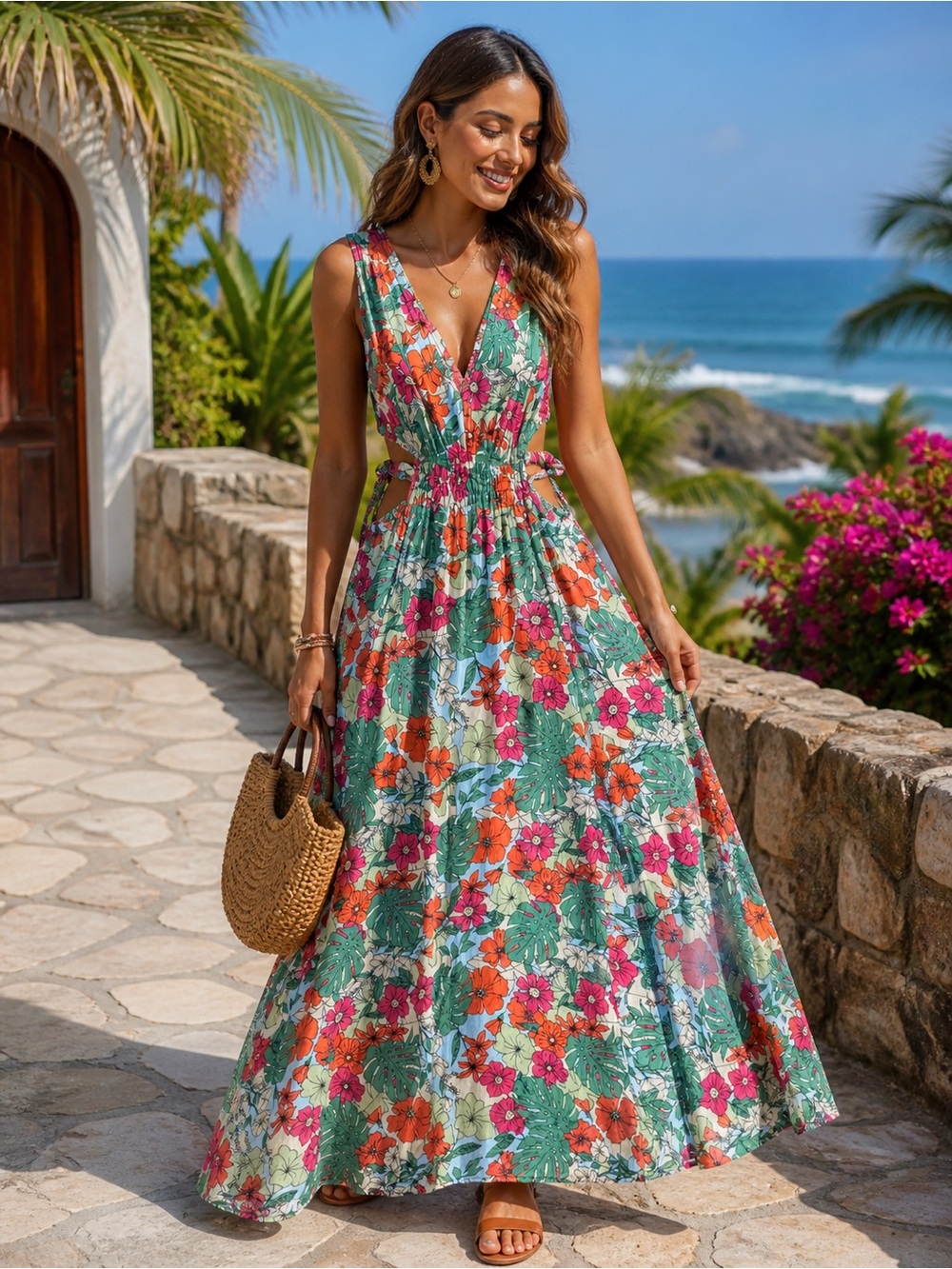 Justify Floral V-Neck Maxi Dress in Green, Orange & Pink
